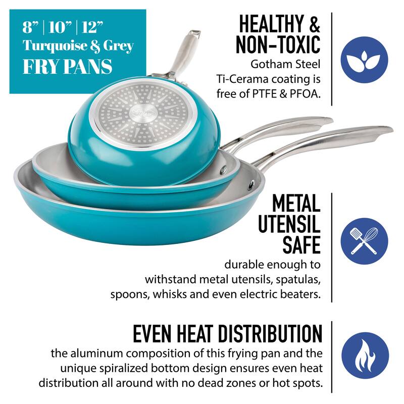 Gotham Steel Aqua Blue 3 Pack Nonstick Fry Pan Set - 8'' 10'' and 12''