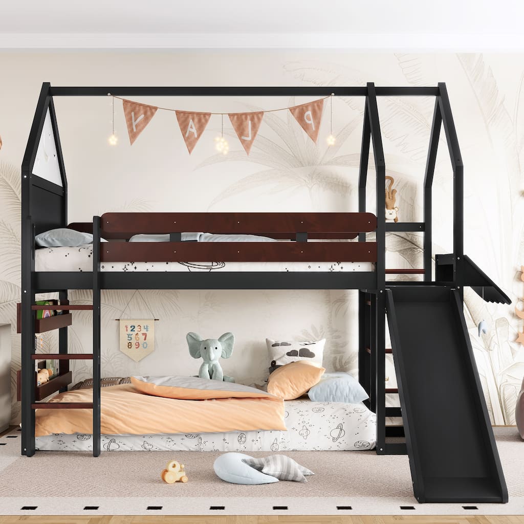Twin Loft Bed with Slide, Bookshelf & House-Shaped Design for Kids