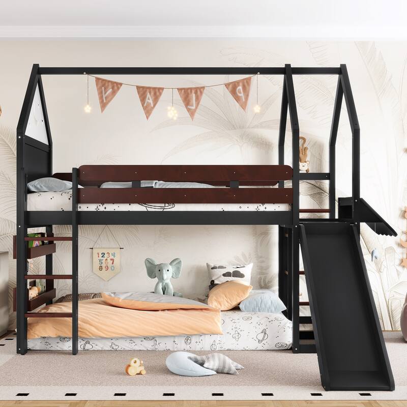 Twin Size Loft Bed with Bookshelf Playful Design for Kids House-Shaped Structure with Slide High-Quality Safety Rails