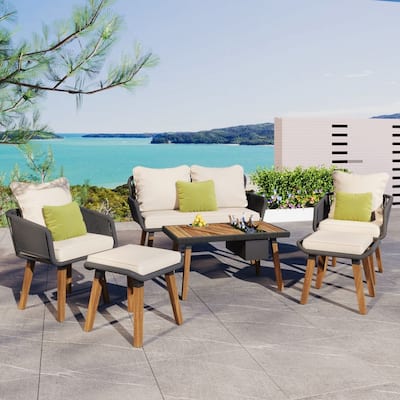 Outdoor 6-piece Wooden Rope Patio Conversation Sofa Set with Cool Bar Table with Ice Bucket