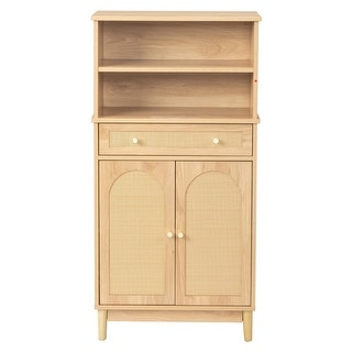 Oak Bathroom Storage Cabinet 1 Drawer 2 Door 4 Tier with Rattan Surface