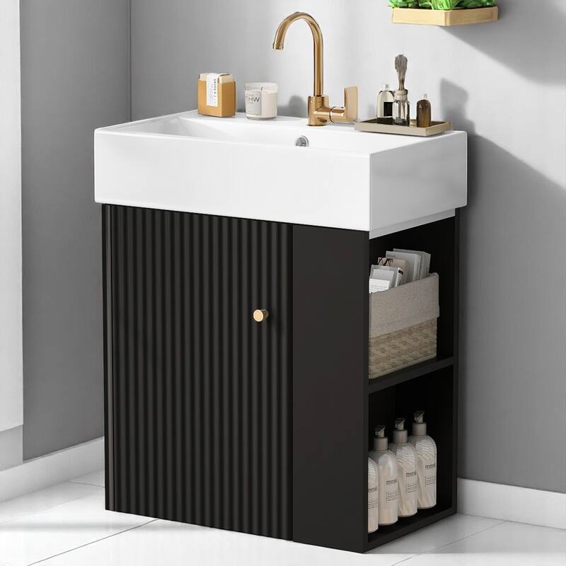 21.6" Modern Floating Bathroom Vanity with Ceramic Sink, Wave-Pattern Door, Rose Gold Handle, Side Storage - Black