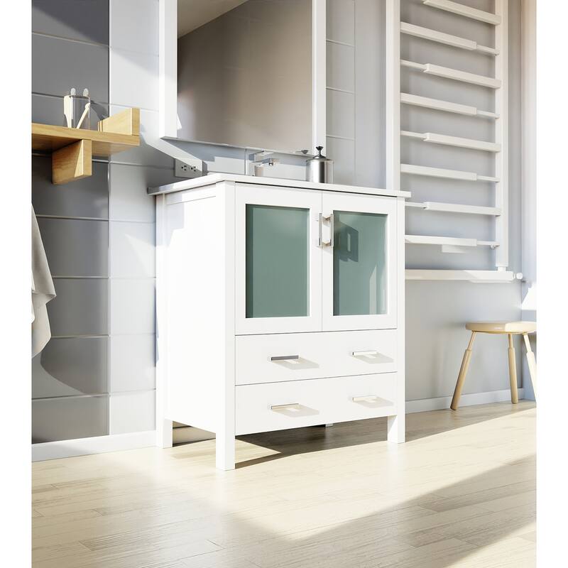 30-inch Bathroom Vanity with Ceramic Top, Stainless Steel Faucet, and Mirror - Scratch & Stain Resistant Surface