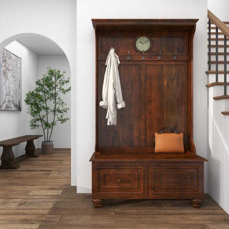 Brown Wood Large Tall Bench Storage 5 Hook and 2 Drawer Freestanding Coat Rack with Cream Clock