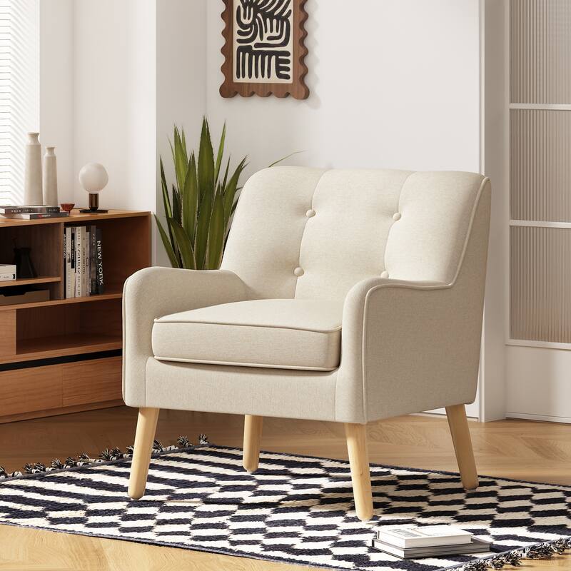 Mid-Century Modern Armchair - Tufted Fabric Accent Chair with Solid Wood Legs- Classic Button-Tufted Back & Tapered Design - Beige