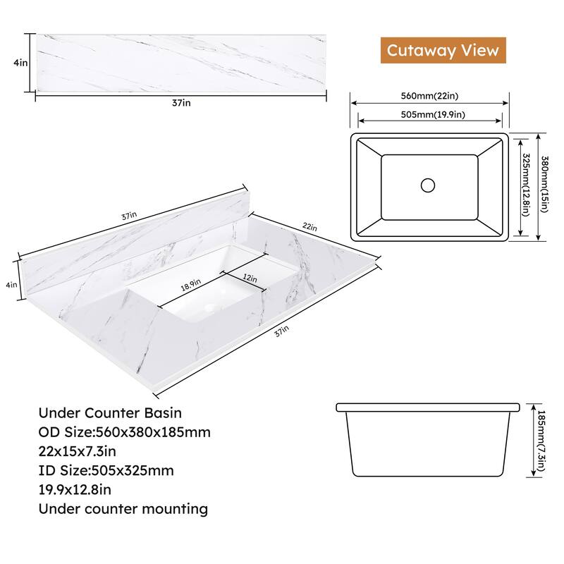 Roomfitters 37 Inch Vanity Top with Undermount Sink, Durable Sintered Stone Bathroom Countertop with Backsplash, White