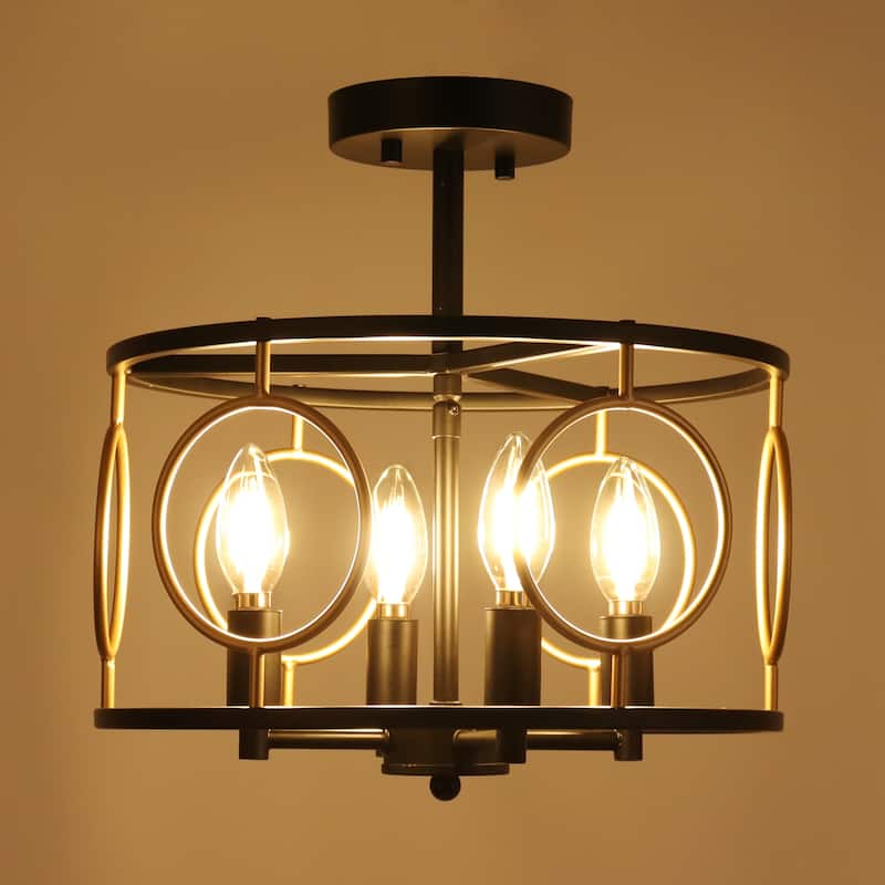Zenith Modern Farmhouse 4-Light Drum Semi-flush Mount Black Gold Metal Lantern Foyer Kitchen Lights - D 13" x H 13.5"