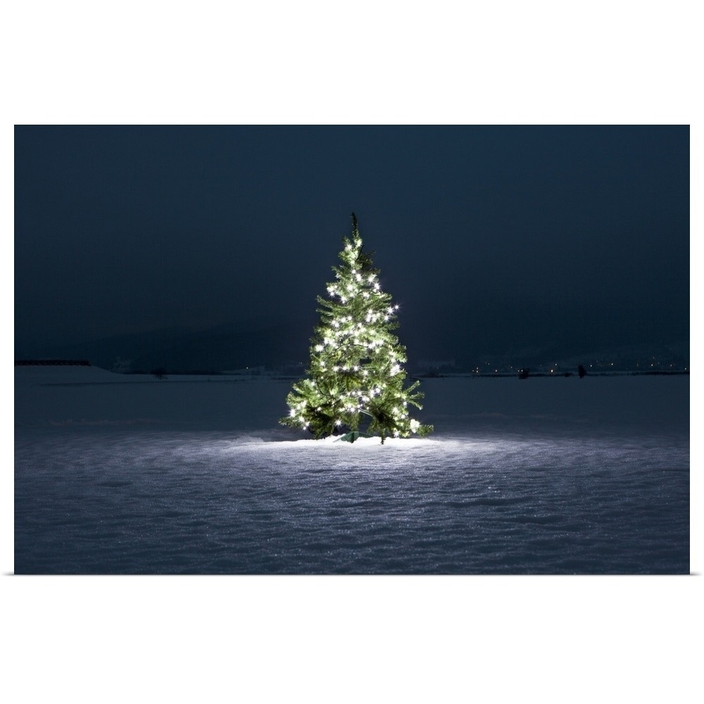 Shop Illuminated Christmas Tree On The Snow At Night Poster Print Overstock 16480280