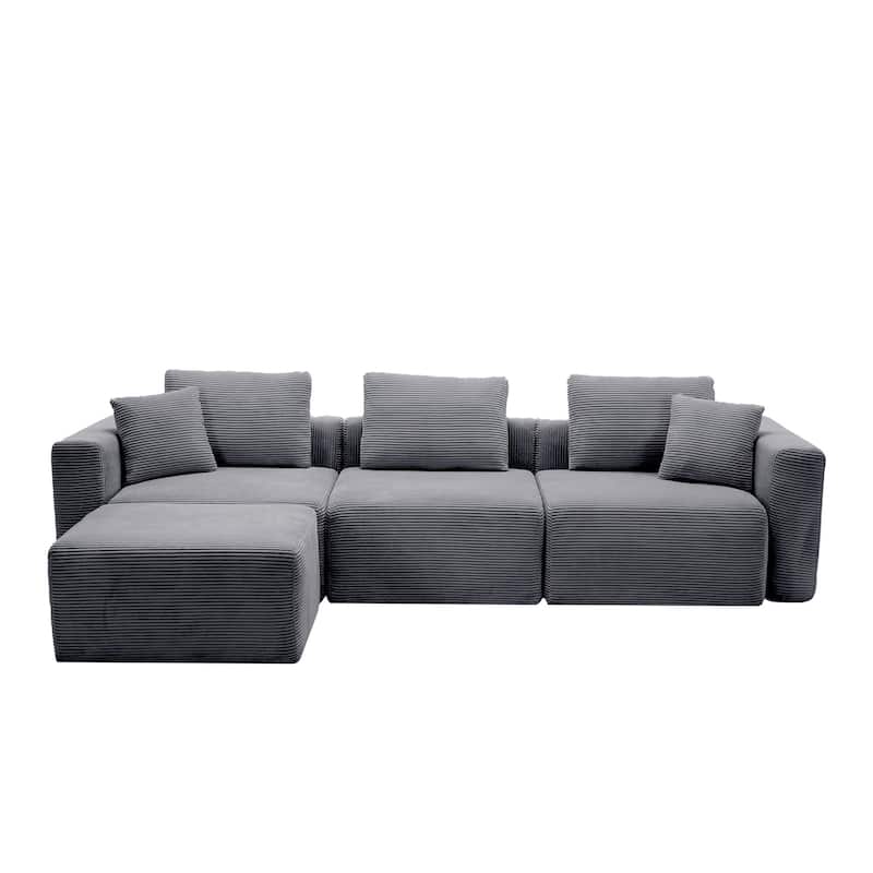 Corduroy Sectional Modular Sofa with Square Arms & Ottoman Extension for Flexible Arrangements - 3-Seater & 1 Ottoman - Basalt Grey