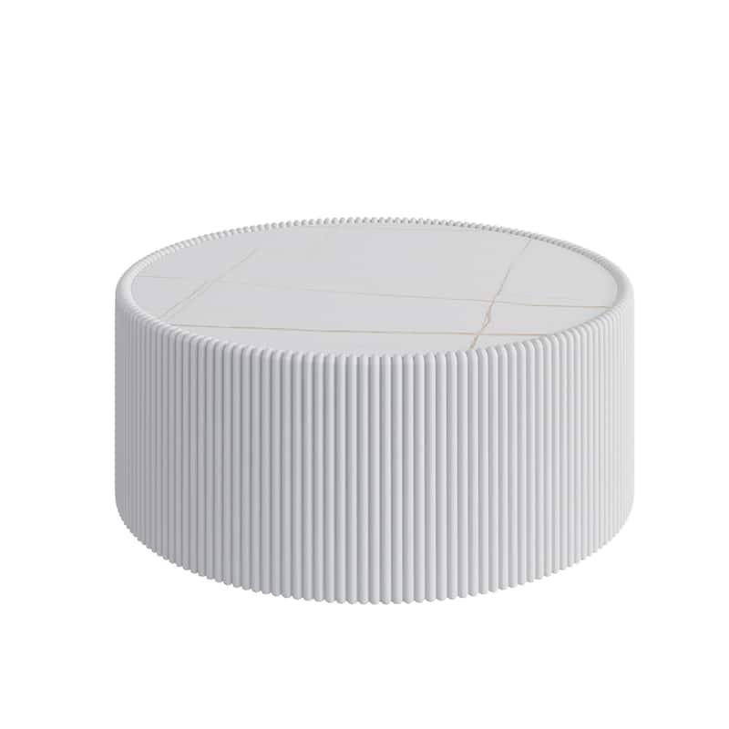 GDFStudio - Modern Sintered Stone Top Round Coffee Table with PU Leather Wrapped Cylinder Base