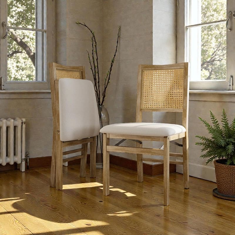 Scandinavian Woven Back Wooden Dining Chairs, Set of 2, Solid Wood Frame with Cushioned Seat