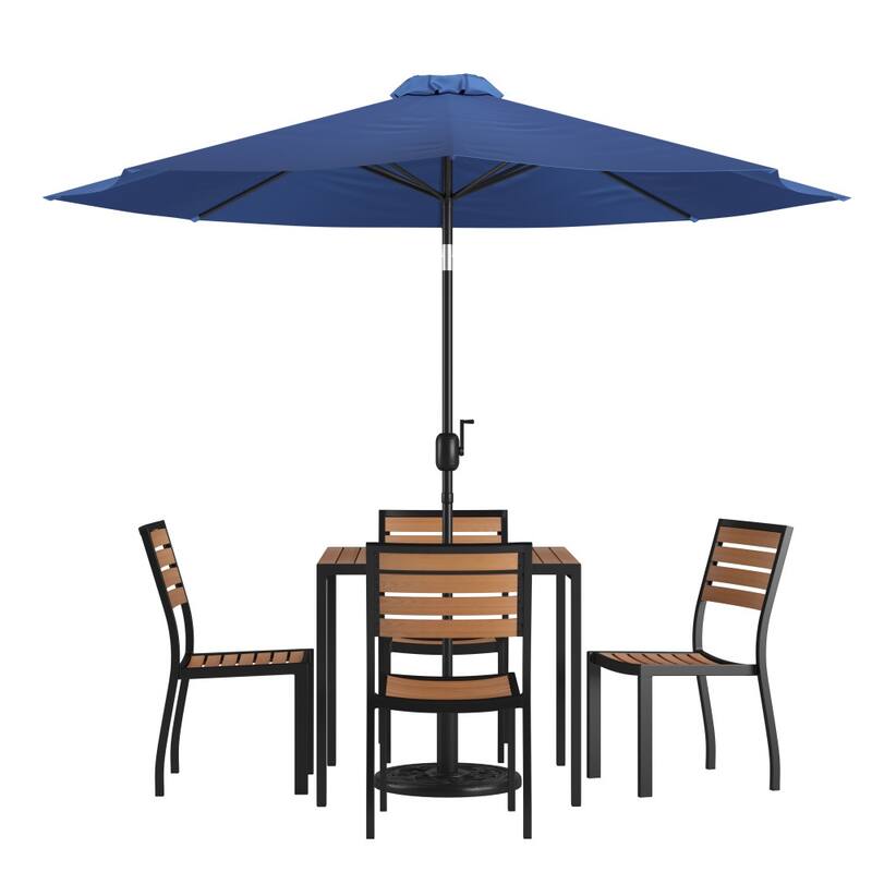 Faux Teak Patio Table, 4 Chairs & 9FT Patio Umbrella with Base