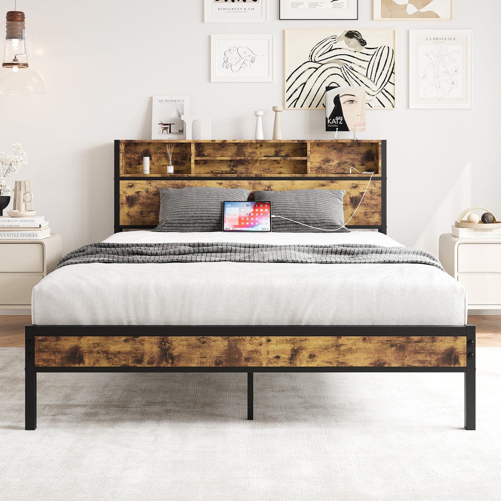 Queen/Twin Bed Frame with Storage Headboard, Metal Platform Bed with Charging Station and Bookcase Storage