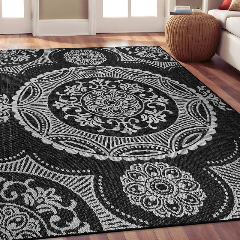 Beverly Rug Blue Medallion Indoor Outdoor Rug, Outside Carpet for Patio, Deck, Porch