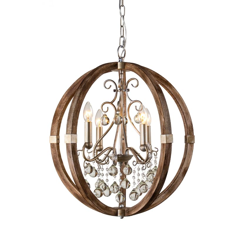 21" Weathered Wooden 4-Light Crystal Orb Foyer Chandelier Light
