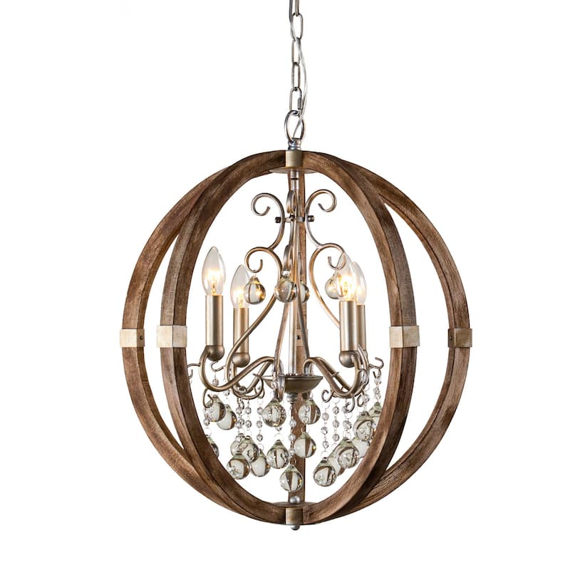 21" Wide Weathered Wooden 4-Light Crystal Orb Chandelier