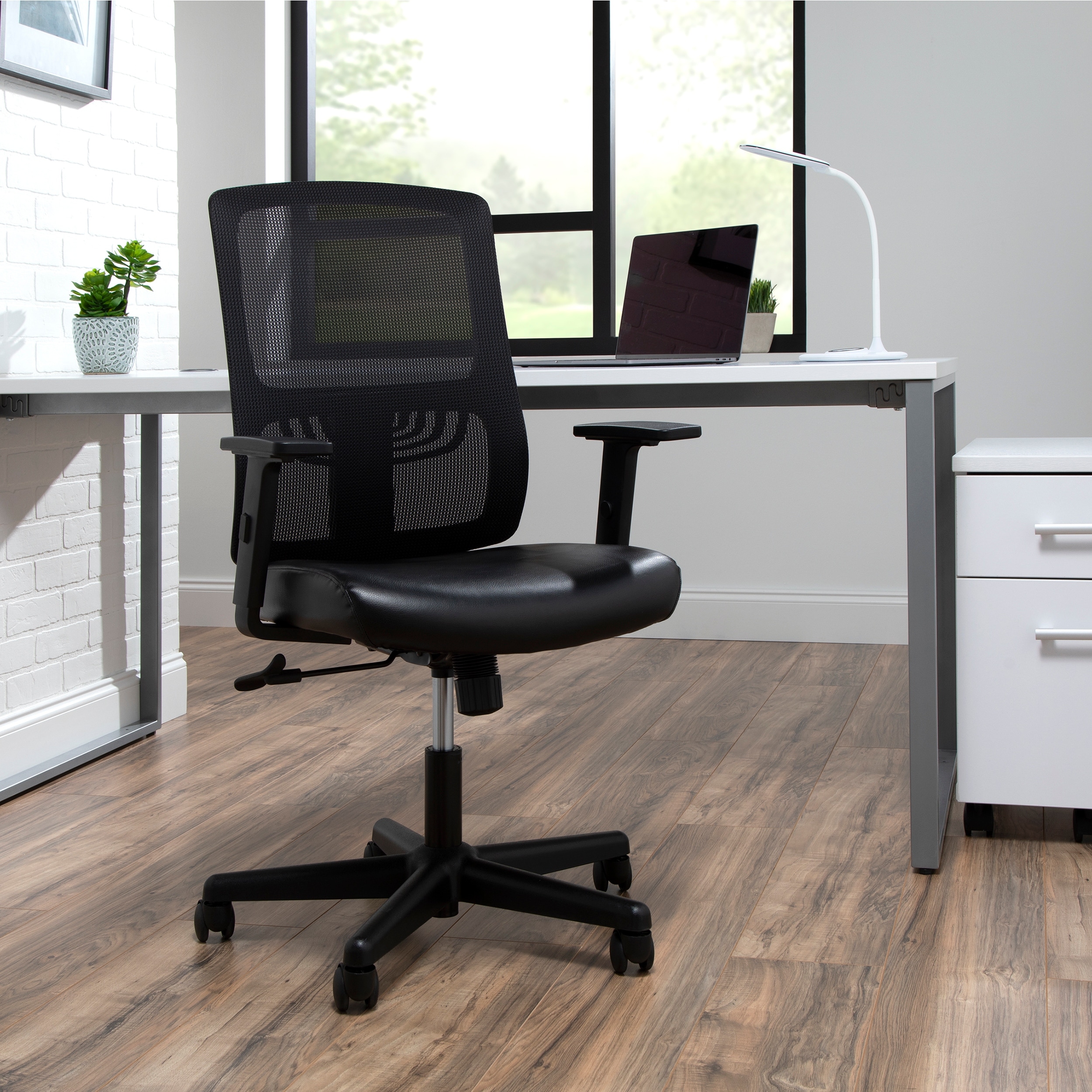 Shop Ofm Essentials Collection Mid Back Mesh Back With Leather Seat Office Chair Lumbar Support In Black Ess 3048 Blk Overstock 31247682