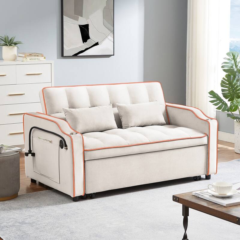Convertible Sofa Bed with Adjustable Backrest and Side Pocket, Velvet Pull Out Sofa Couch with USB Port, Ashtray and Phone Stand