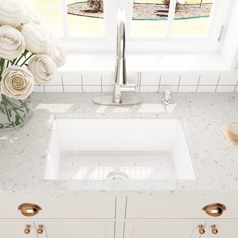 CASAINC Undermount Single Bowl Fireclay Kitchen Sink with Bottom Grid and Strainer, cUPC Certified