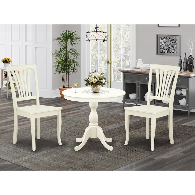 East West Furniture 3 Piece Modern Dining Table Set- A Round Kitchen Table and 2 Dining Chairs, (Seat Type & Finish Options) - AMAV3-LWH-W