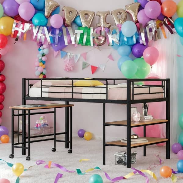 slide 2 of 10, Twin Size Metal Loft Bed with Desk and Shelves, Black Black