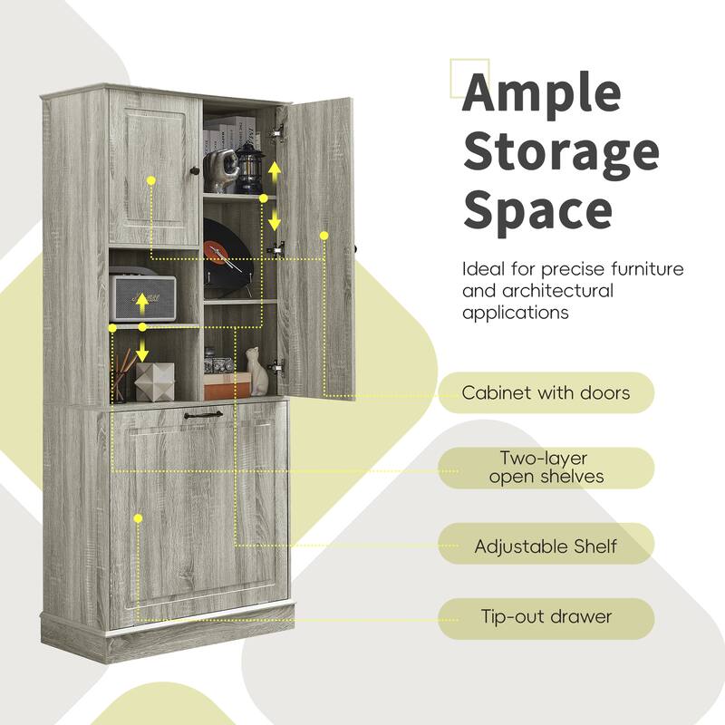 Roomfitters 67" Tall Storage Cabinet with Flip-Out Basket & Adjustable Shelves, MDF Linen Tower for Bathroom & Office