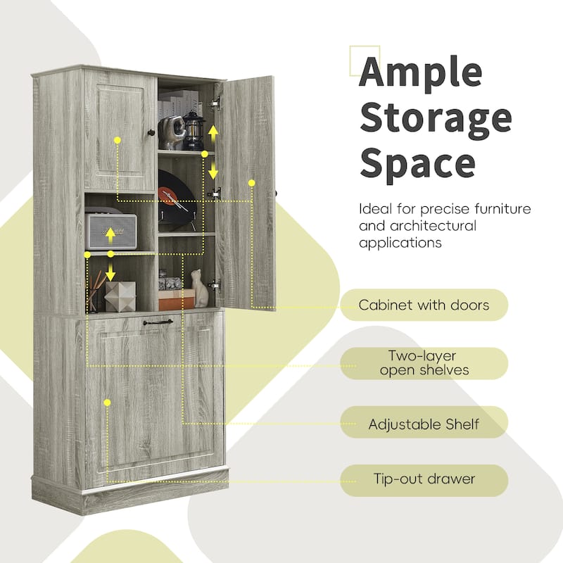 Tall Storage Cabinet with Adjustable Shelves and Flip-Out Basket, MDF Organizer with Enclosed Cabinets & Modern Handles
