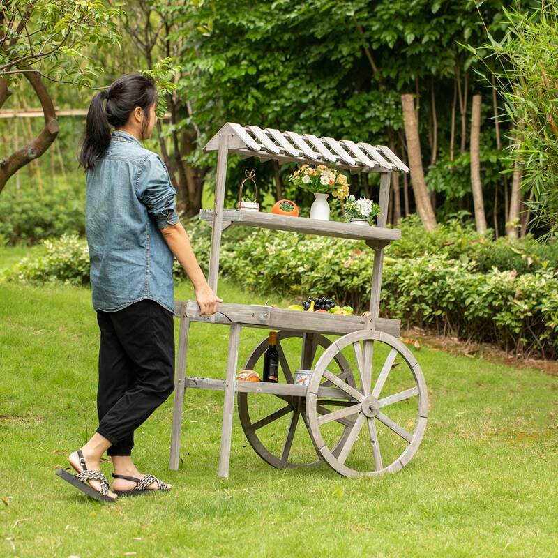 Antique Rustic Solid Wood decor Display Rack Cart 3 Tier with Wheels, Wood Wagon with Shelves for Plants and More