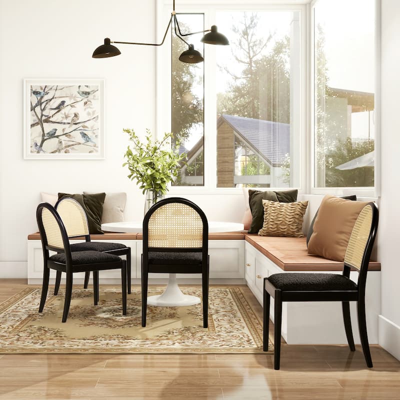 Panama 18" Curved Cane Rattan Boucle Upholstered Dining Chair (Set of 2)