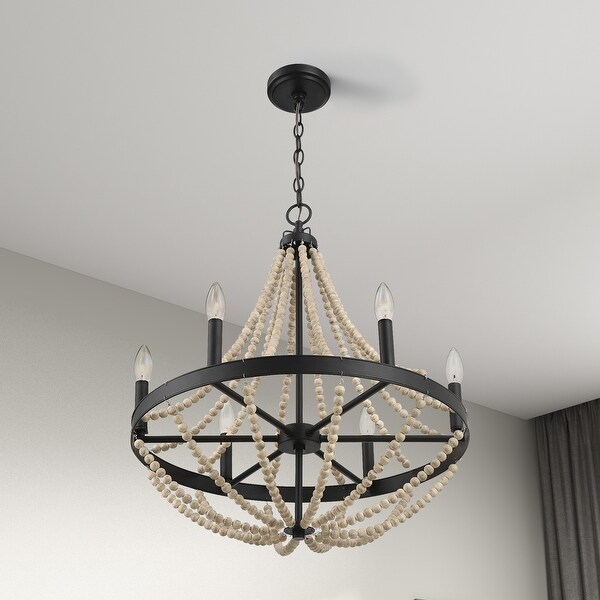 Hera Rustic 6-Light Wooden Bead Chandelier with Matte Black