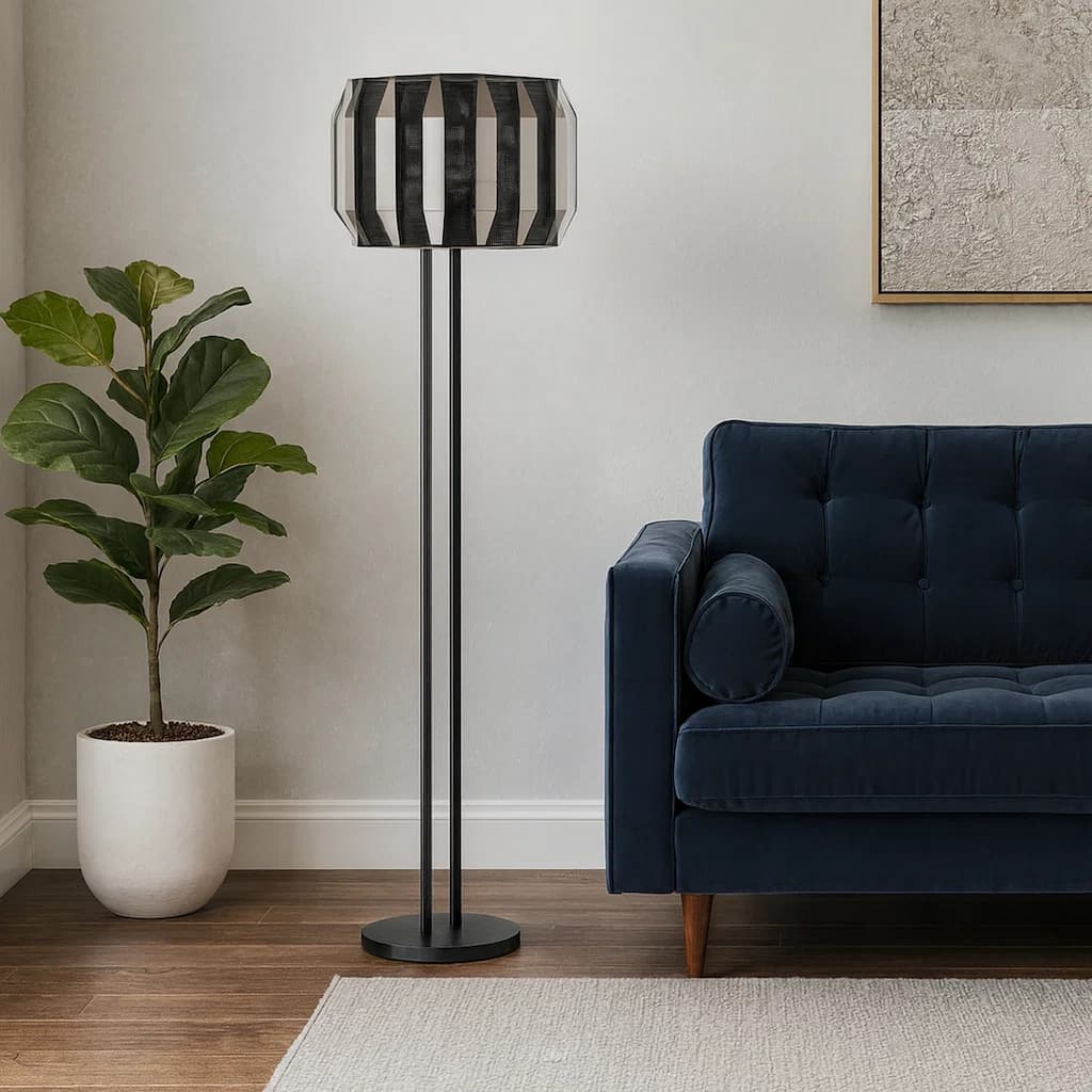 Pin 59 Inch Floor Lamp, Drum Shade, Metal Base, Accent Round Base, Black.