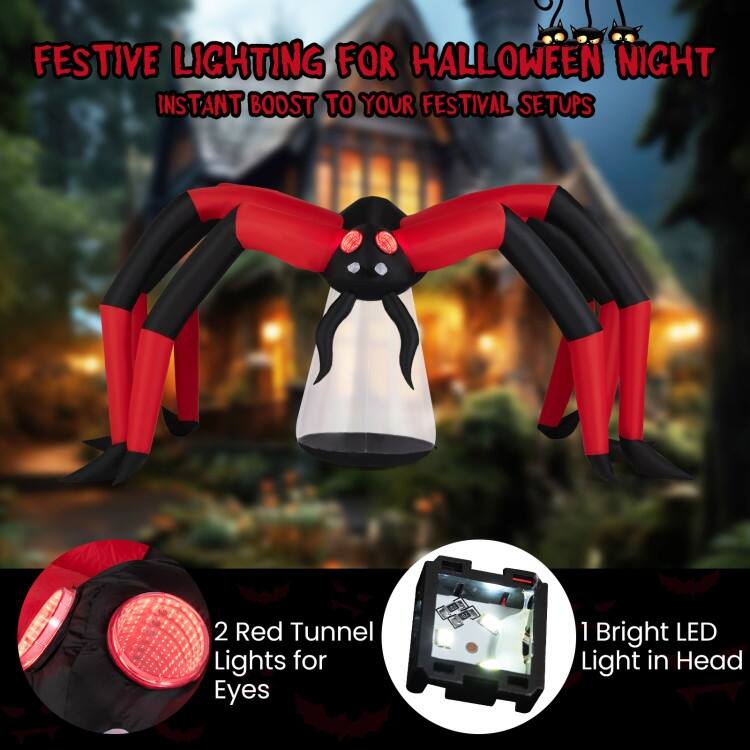 Black-Red Polyester Giant Inflatable Halloween Spider with LED Eyes and 10ft Wide - 123" x 51.5" x 59"