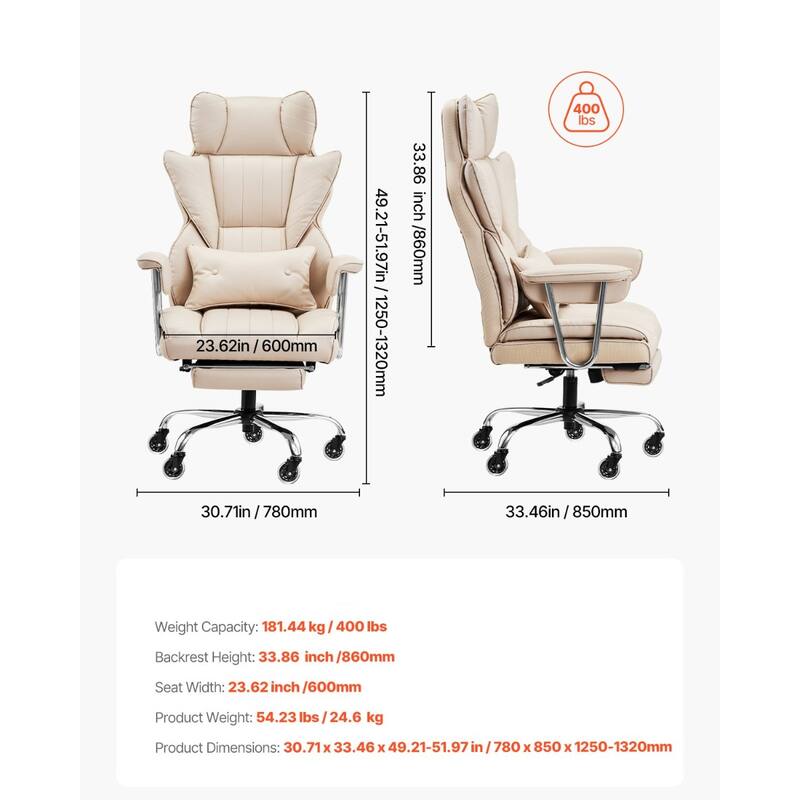 PU Leather Ergonomic Reclining Chair with Footrest & Wheels - 29.1 x 29.1 x 50 inch