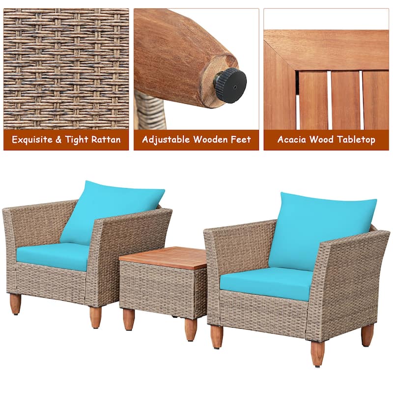 Costway 3PCS Patio Wicker Rattan Sofa Set Furniture Acacia Wood