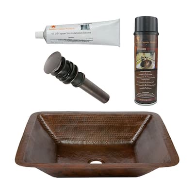 19" Rectangle Under Counter Hammered Copper Bathroom Sink, Matching Drain and Accessories