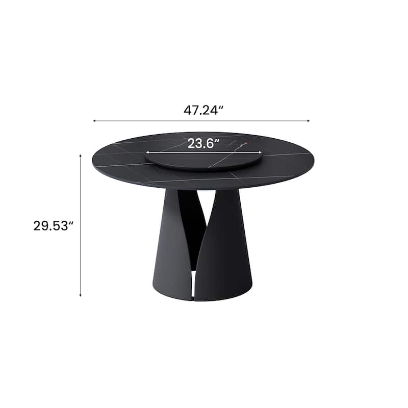 Modern Round White Dining Table，Sintered Stone Tabletop, Solid Black Carbon Steel Base