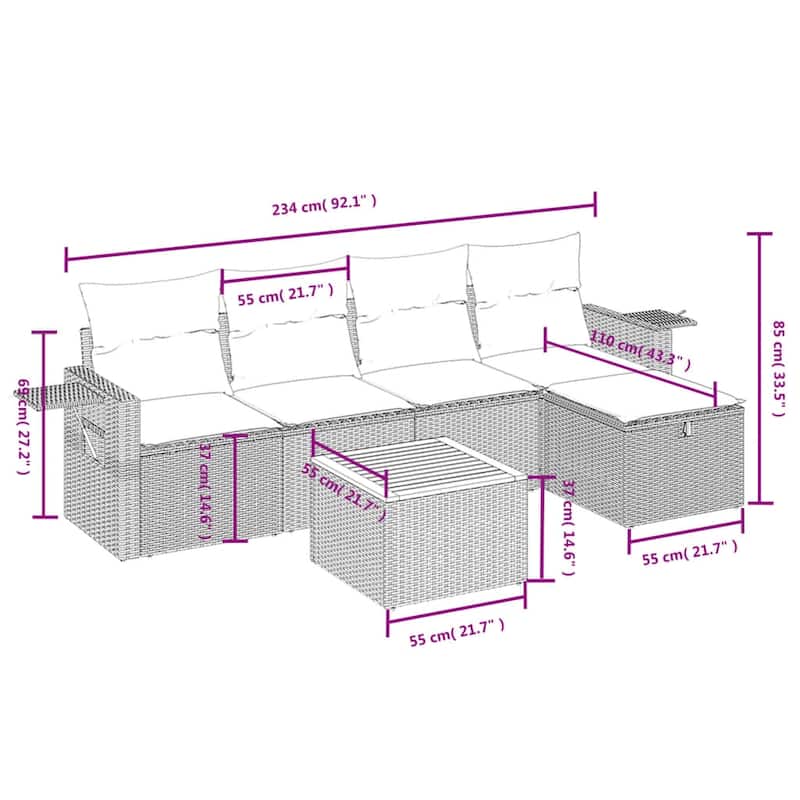 vidaXL Patio Sofa Set with Cushions Outdoor Furniture 6 Piece Poly Rattan - 21.7" x 24.4" x 27.2"