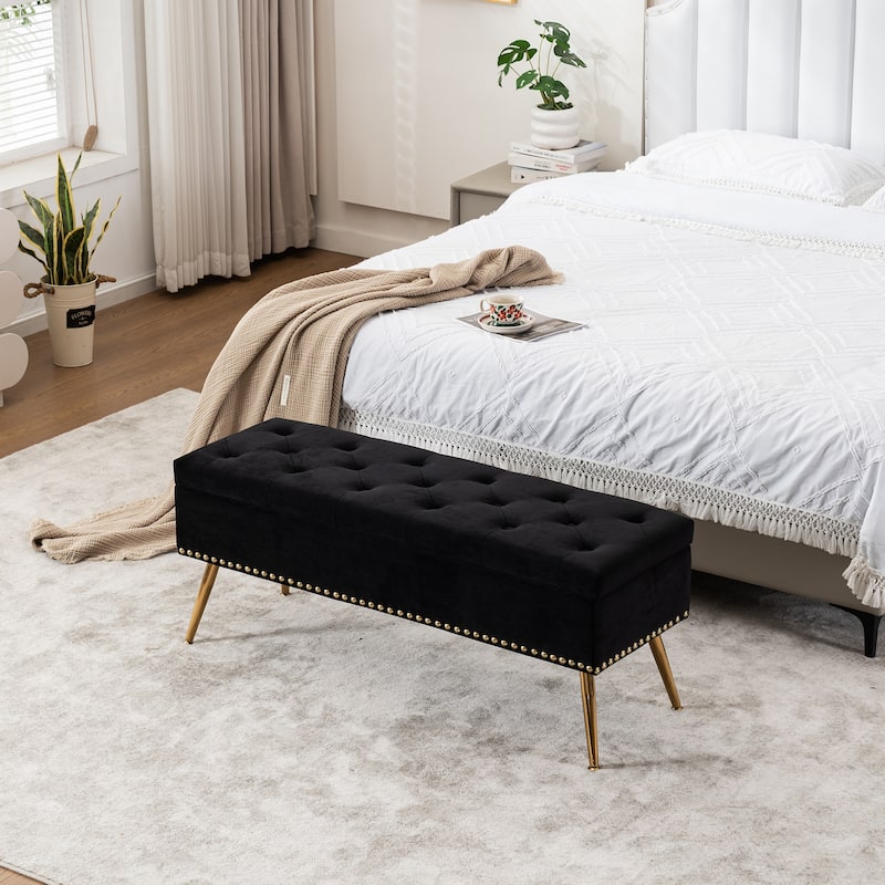 Velvet Storage Ottoman Bench with gold legs and Nailhead Trim for Bedroom/End of Bed/Entryway/Window