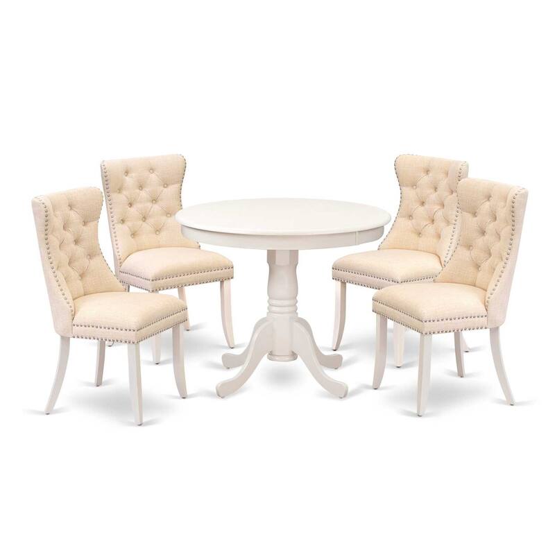 Modern 5 Piece Dining Set - Round Kitchen Table with 4 Linen Chairs - Elegant White Design