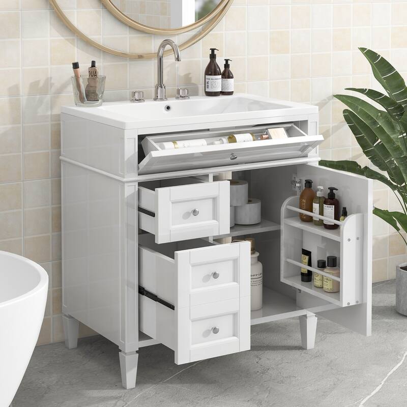 30''/36'' Bathroom Vanity with Top Sink, Modern Bathroom Storage Cabinet with 2 Drawers, a Tip-out Drawer & Adjustable Shelf - White - 30''
