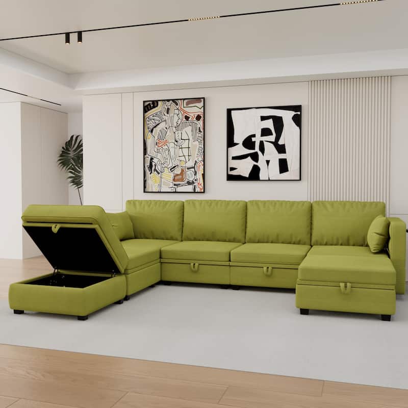 6-Seat U-Shaped Modular Reversible Sectional Sofa with Storage Ottoman - Olive