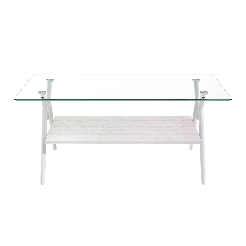 Rectangle Coffee Table with Tempered Glass Top and Shelf