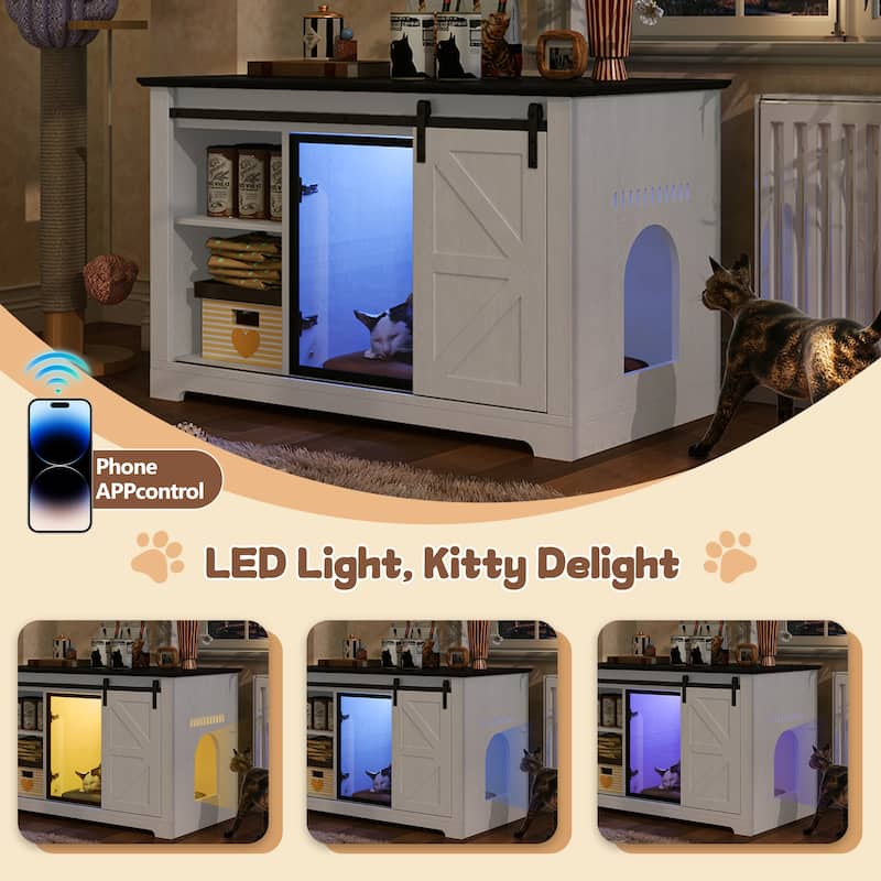 46" Farmhouse Cat Litter Box Enclosure with Sliding Barn Door, Large Hidden Acrylic Door Cat Cabienet with LED Light