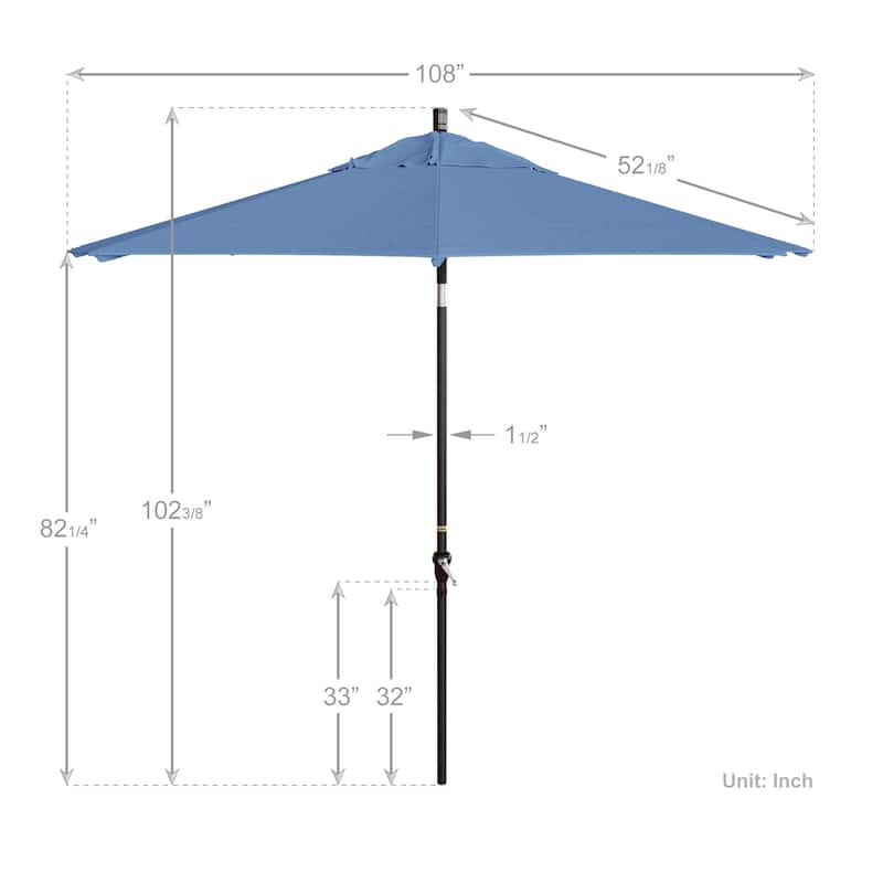 California Umbrella 9' Sunset Series Patio Umbrella Bronze Aluminum Frame and Ribs, Crank Lift Auto Tilt, Pacifica Pacific Blue