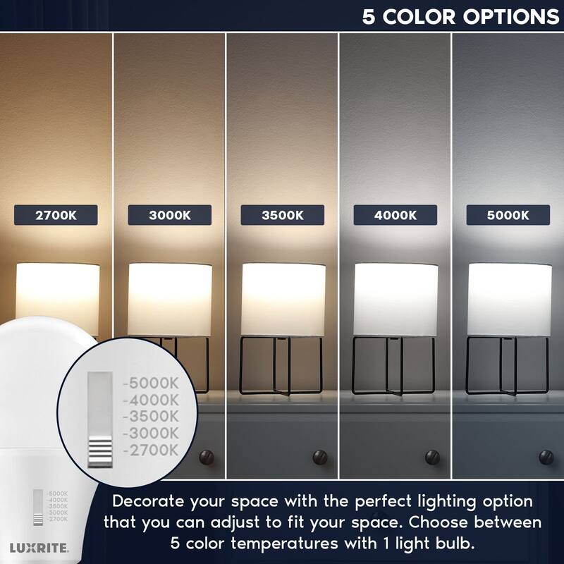 Luxrite A19 LED Light Bulb Dimmable 9W=60W CRI90 5CCT 800 Lumens E26 Base Title CA20 ETL 16 Pack