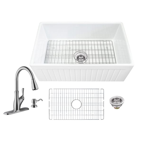 Soleil All-In-One Apron Front Fluted/Plain Reversible Fireclay Single Bowl Kitchen Sink with Pull Out Faucet. Opens flyout.