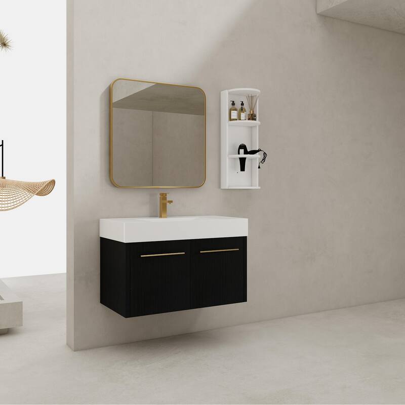 Wall mounted bathroom vanity with sink and storage shelf