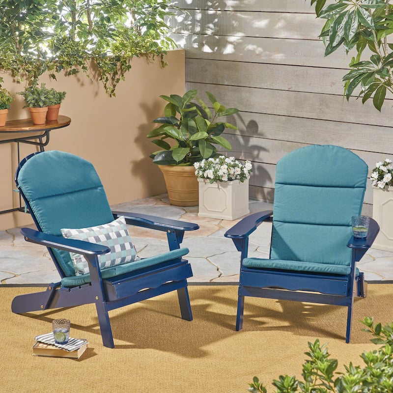 Malibu Outdoor Acacia Wood Folding Adirondack Chairs with Cushions (Set of 2) by Christopher Knight Home - dark teal cushion + navy blue