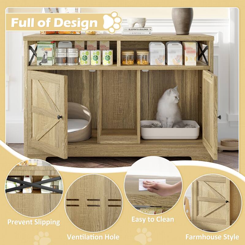 Cat Litter Box Enclosure for 2 Cats, Double Hidden Litter Box Furniture, Farmhouse Indoor Cat House End Table