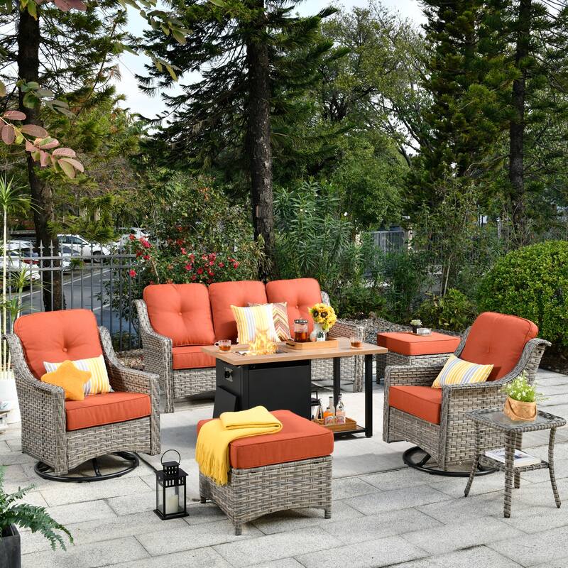 XIZZI 7-piece Outdoor Patio Furniture Conversation Sofa Set with Fire Pit - Red/Orange